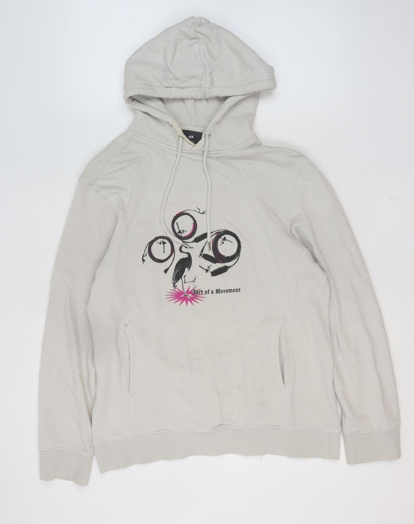 H&M Women's Beige Regular Fit Pullover Hoodie Size 12 Cotton Graphic Print
