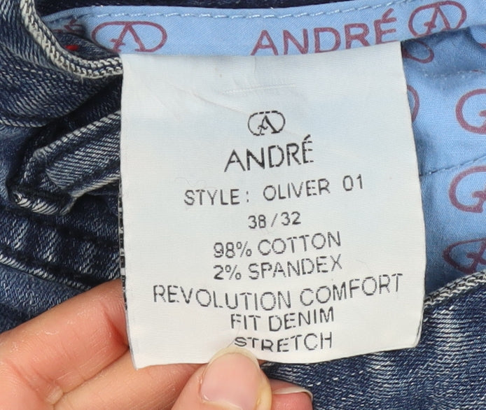 André Men’s Blue Straight Jeans 38/32 Stretch Cotton Denim