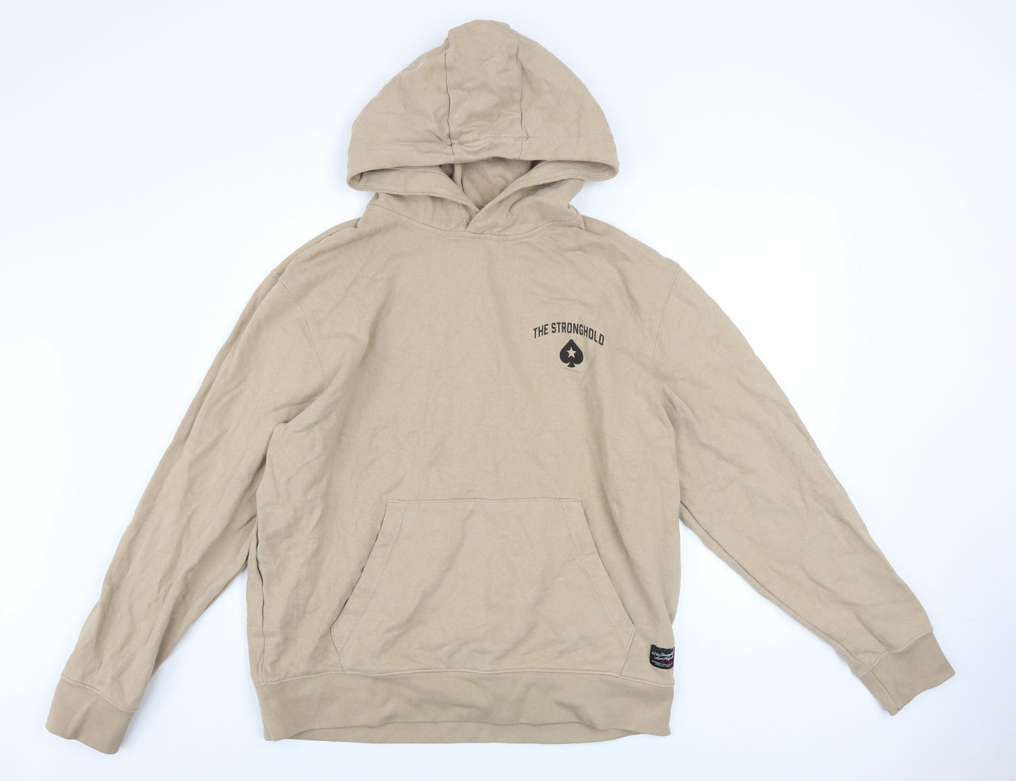 The Stronghold Men's Beige Hoodie L Pullover Graphic Print Cotton