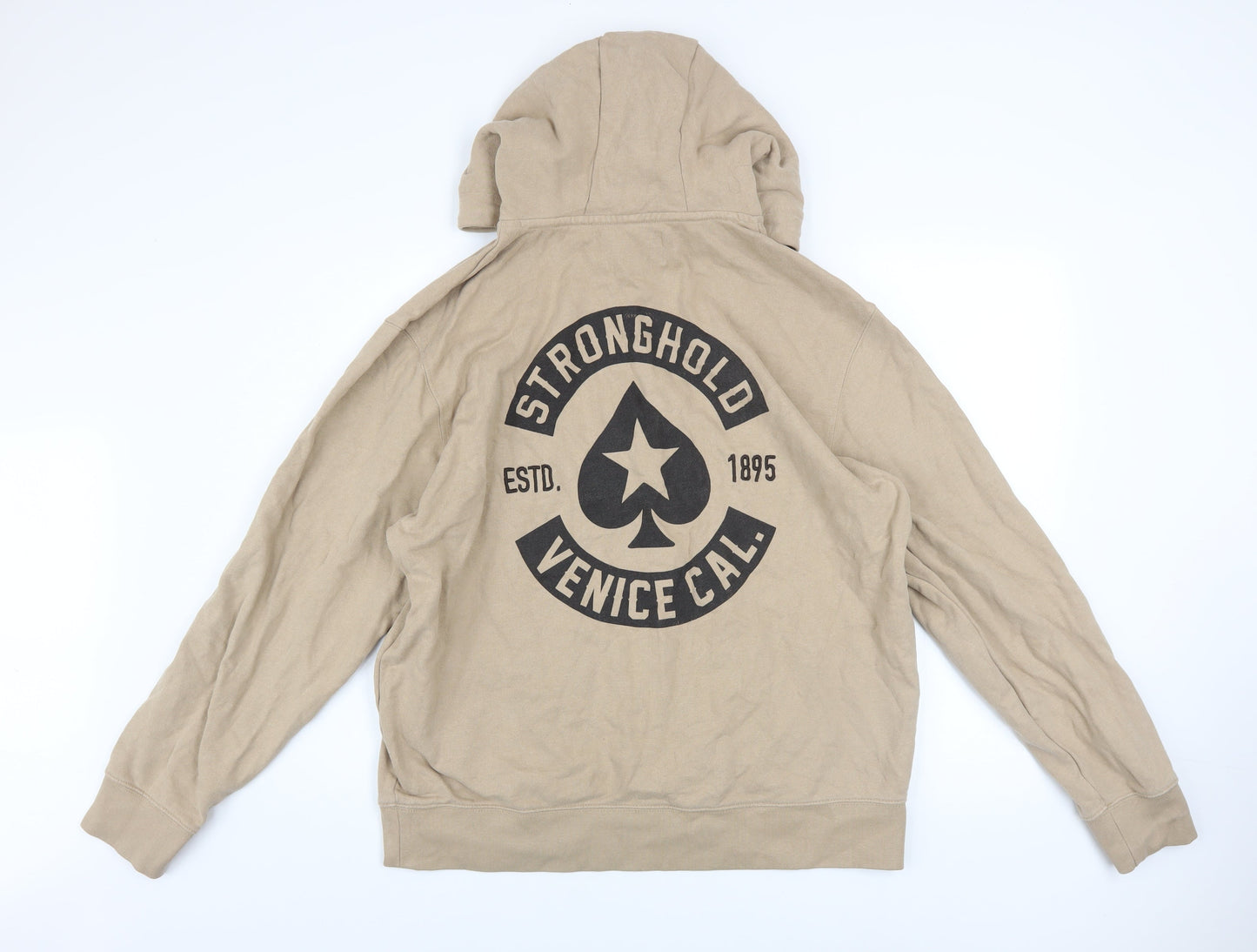The Stronghold Men's Beige Hoodie L Pullover Graphic Print Cotton