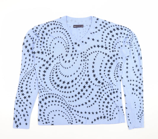Marks and Spencer Womens Blue Star Print V-Neck Acrylic Jumper Size 12