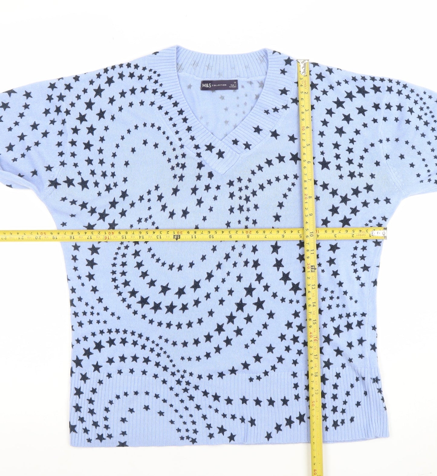 Marks and Spencer Womens Blue Star Print V-Neck Acrylic Jumper Size 12