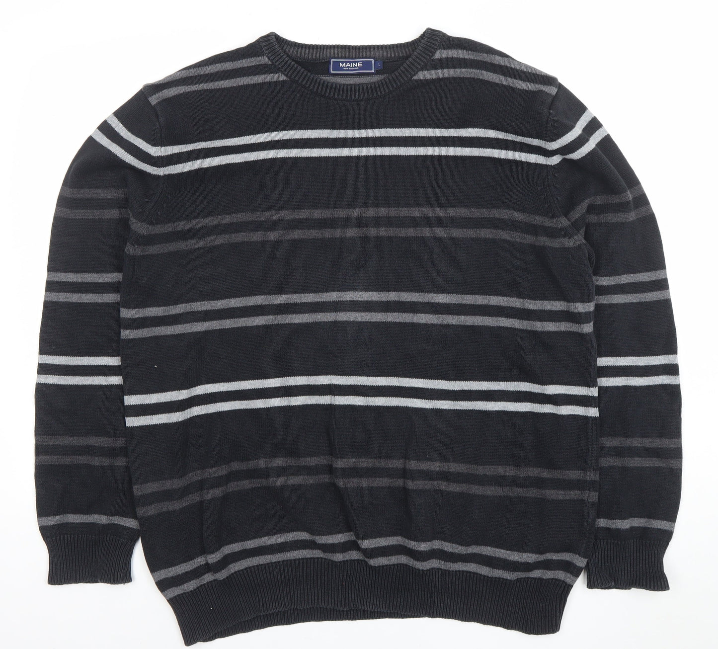 Maine New England Women's Black Striped Cotton Crew Neck Jumper Size L