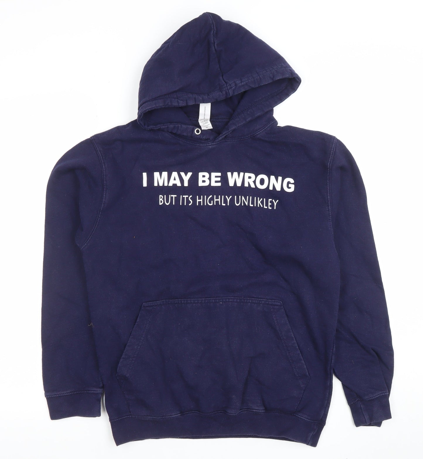 JustHoods AWDis Men's Navy Pullover Hoodie Small Graphic Print Funny Quote Cotton Blend