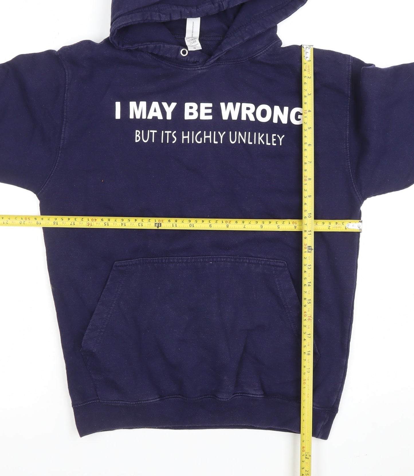 JustHoods AWDis Men's Navy Pullover Hoodie Small Graphic Print Funny Quote Cotton Blend