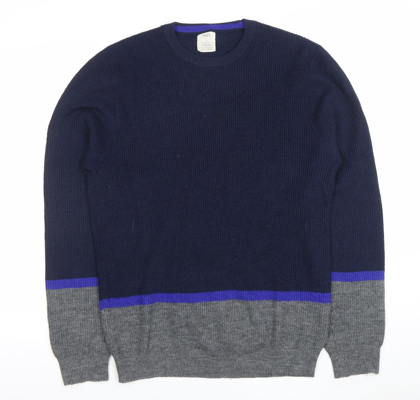 Marks and Spencer Men’s Blue Grey Crew Neck Jumper L Regular Fit