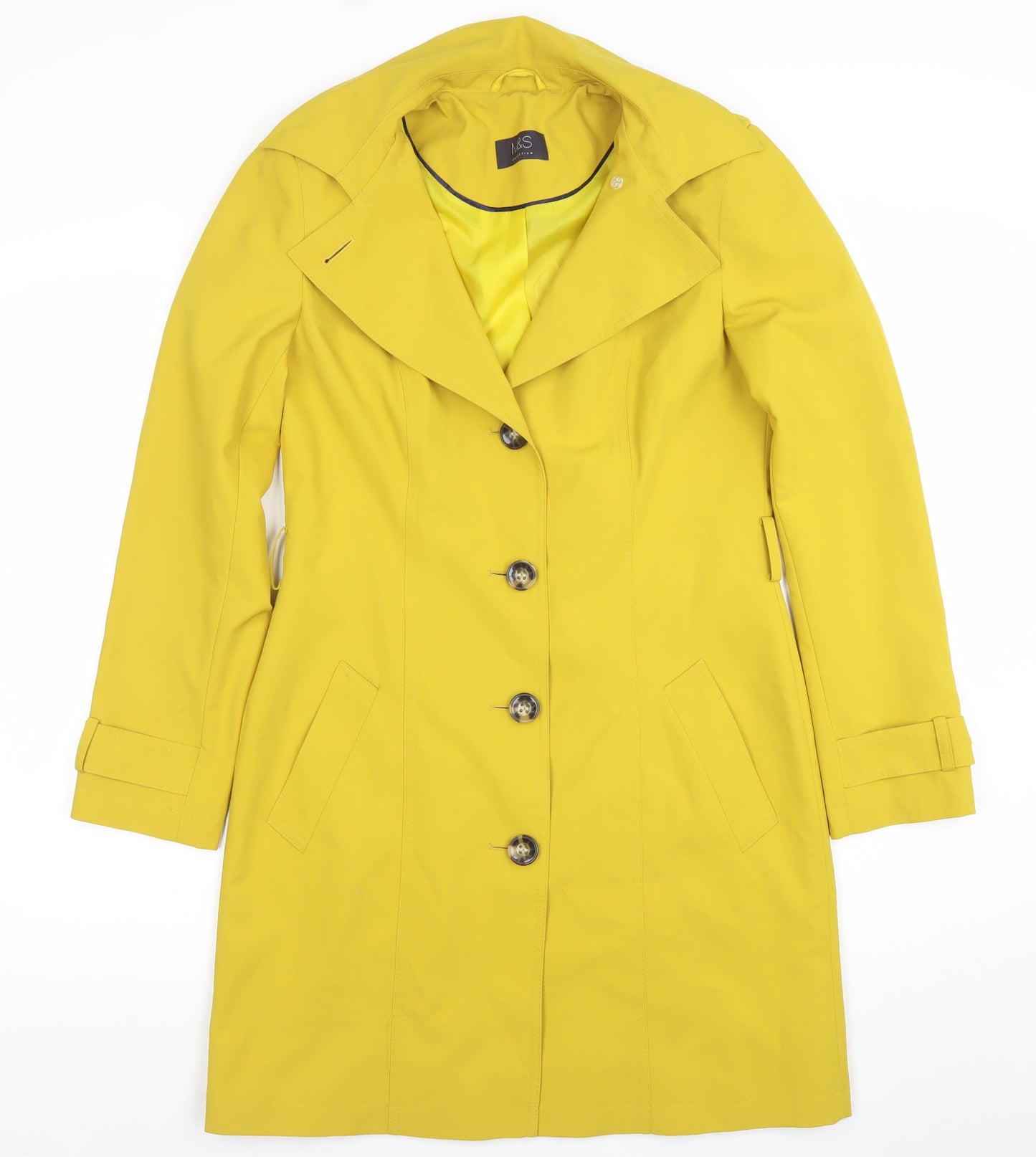 Marks and Spencer Women Yellow Trench Coat Size 8 Long Lined Button Detail