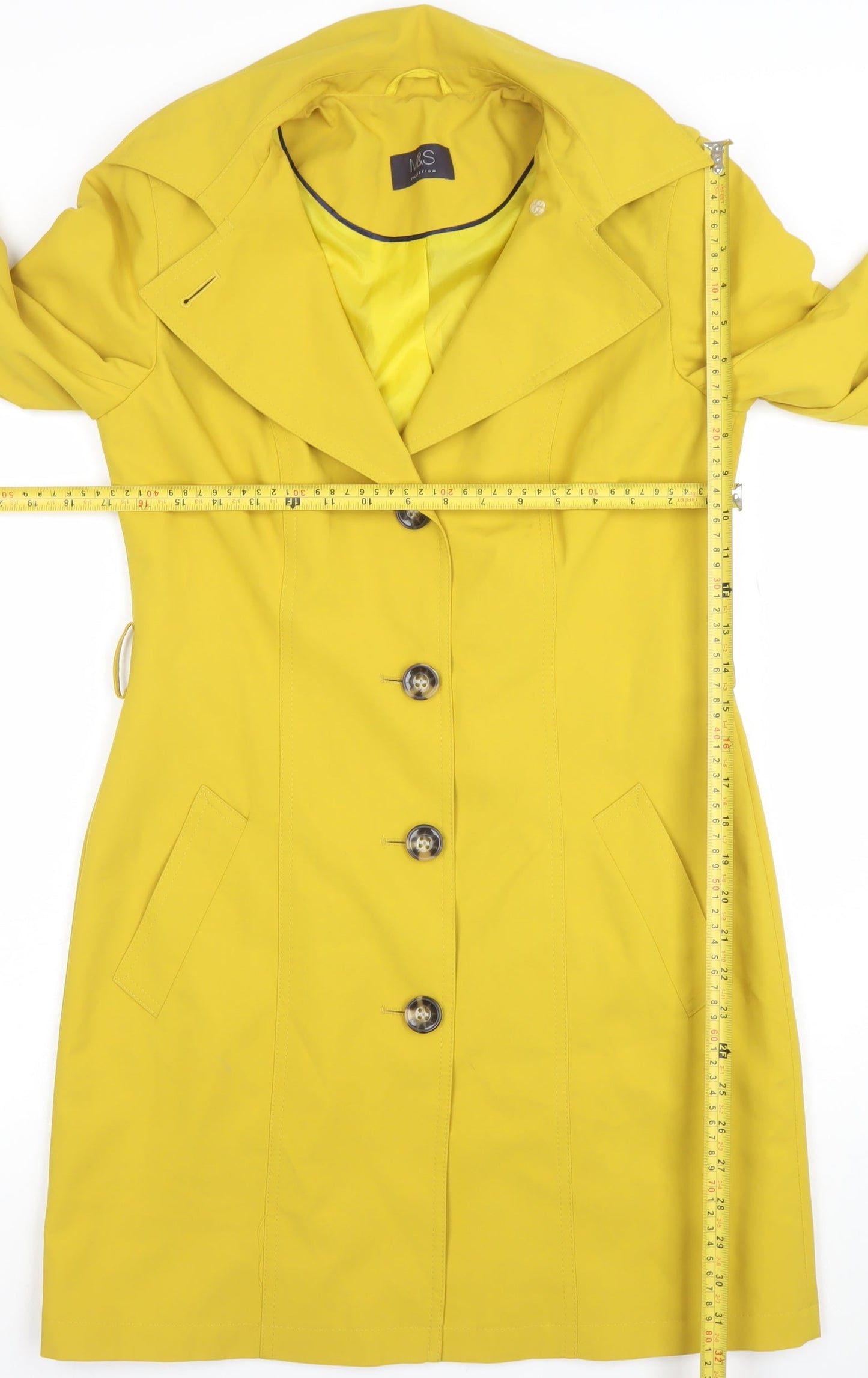 Marks and Spencer Women Yellow Trench Coat Size 8 Long Lined Button Detail