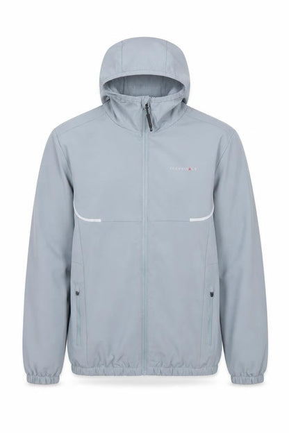 Front view of Technicals boys’ grey hooded soft shell jacket 13 years full zip outdoor