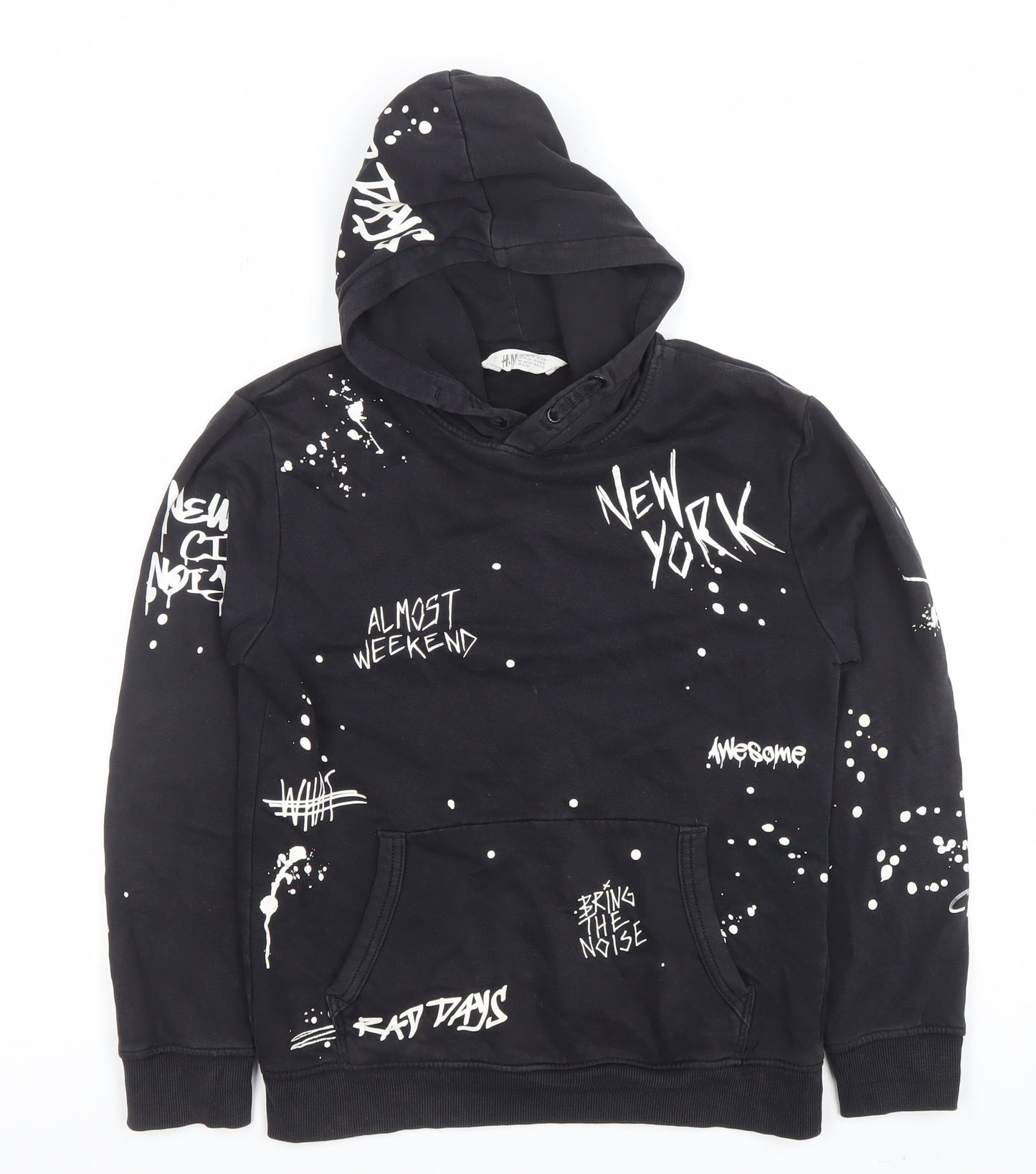 H&M Boys Black Hoodie 10-12 Years Graphic Print Pullover Sweatshirt