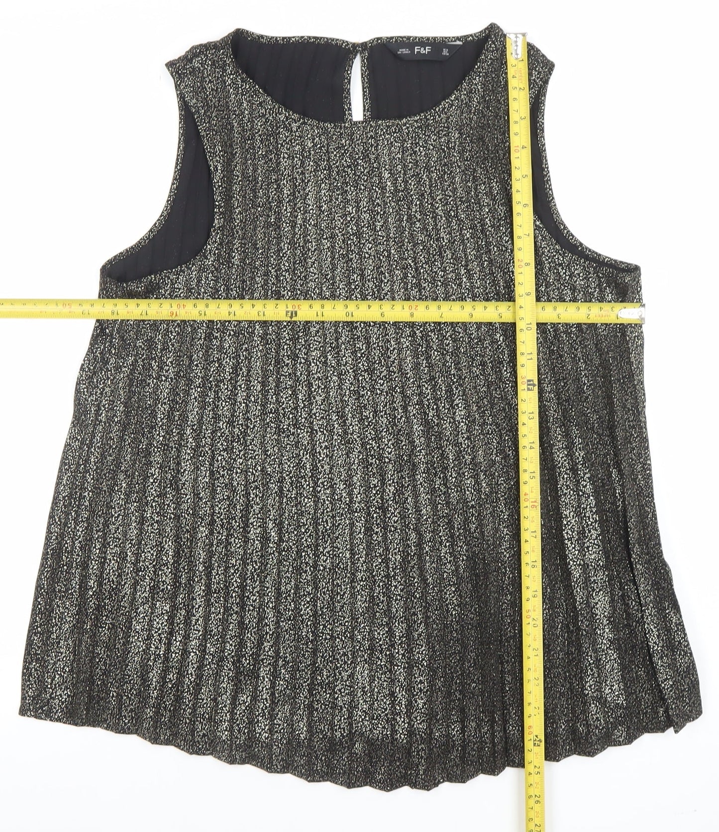 F&F Women Black Pleated Metallic Sleeveless Tunic Blouse UK 10