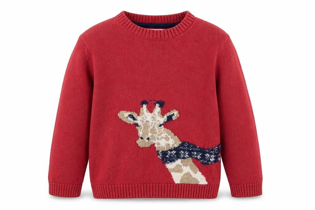 FatFace Girls Red Giraffe Jumper 5-6 Years Cotton Blend Crew Neck
