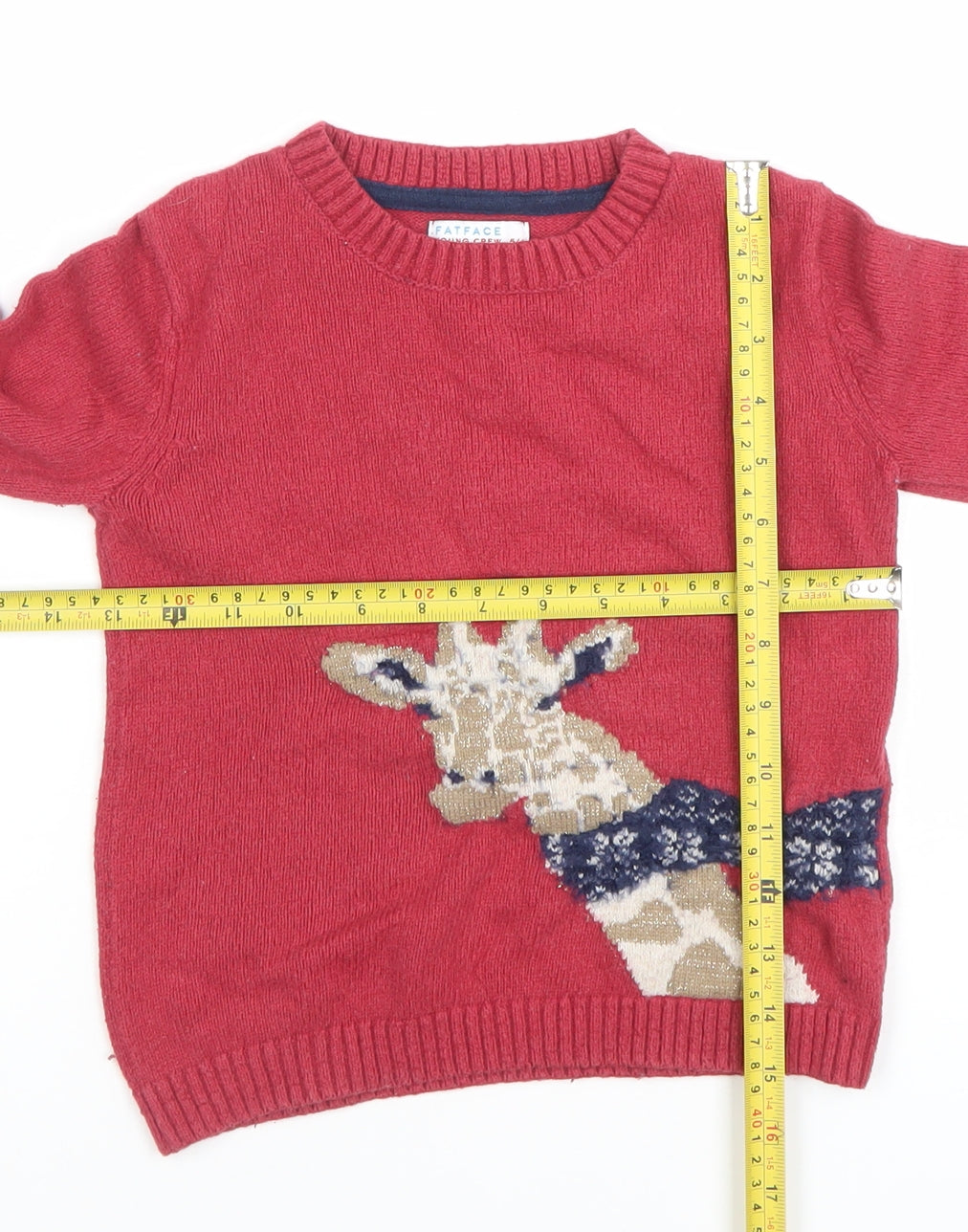 FatFace Girls Red Giraffe Jumper 5-6 Years Cotton Blend Crew Neck