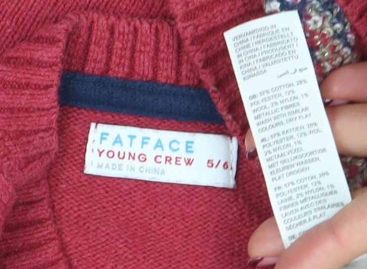 FatFace Girls Red Giraffe Jumper 5-6 Years Cotton Blend Crew Neck