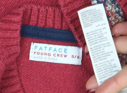 FatFace Girls Red Giraffe Jumper 5-6 Years Cotton Blend Crew Neck