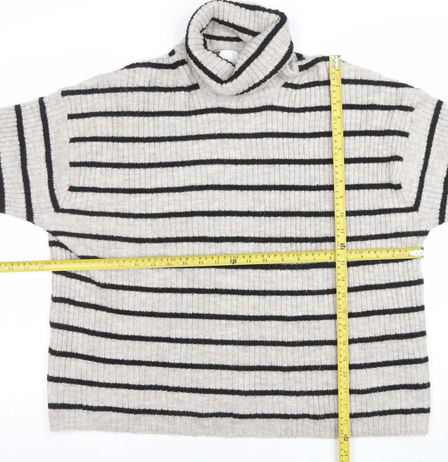 Marks and Spencer Women’s Beige Striped Roll Neck Wool Jumper Size 16
