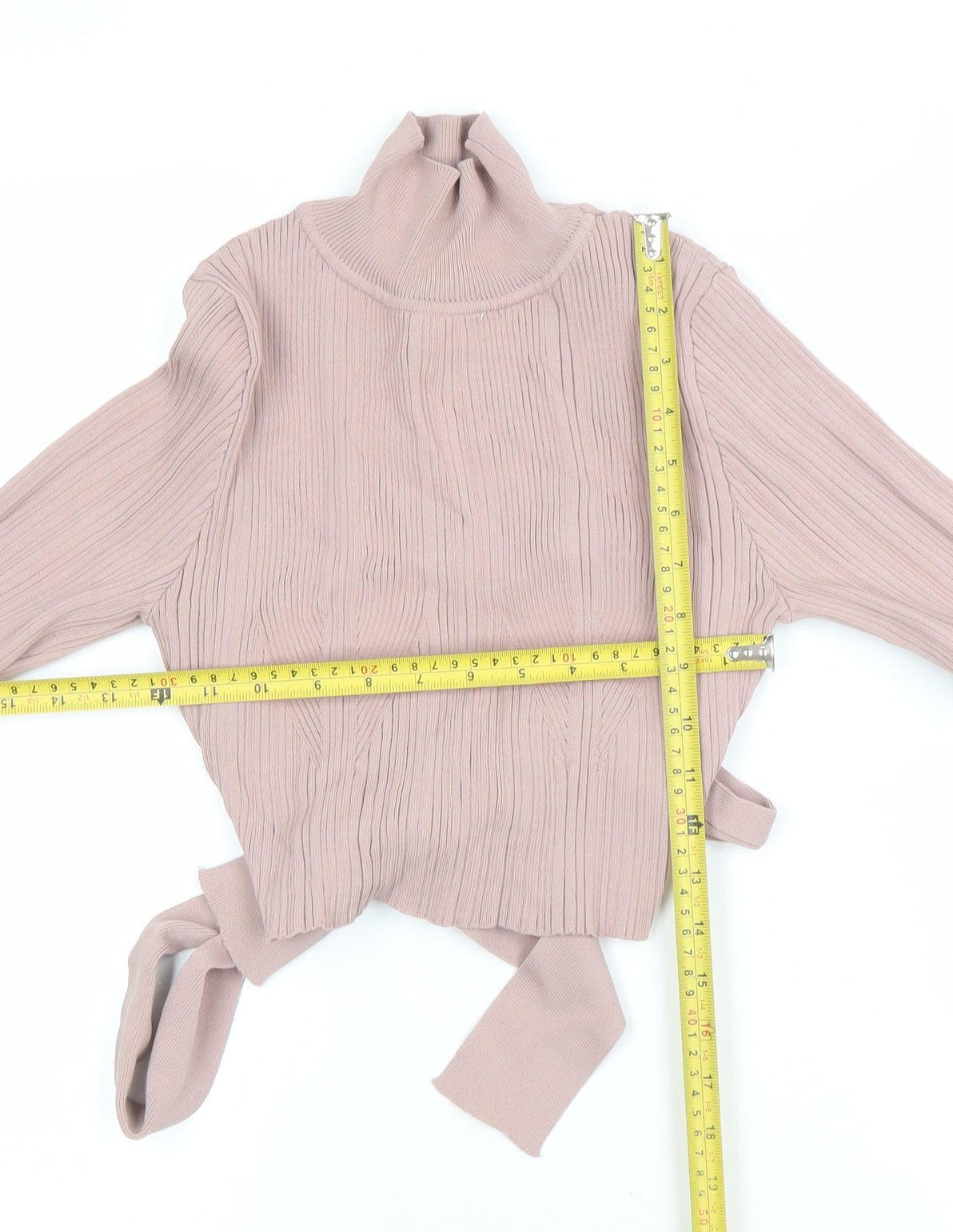 Zara Women Beige Ribbed Cropped Roll Neck Tie Back Knit Top Size 12