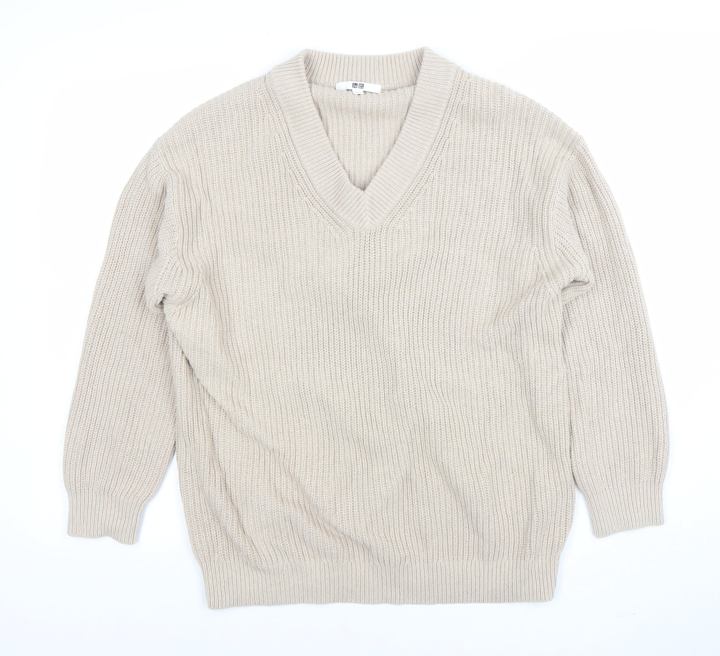 Uniqlo Women Beige V-Neck Chunky Knit Jumper Size S
