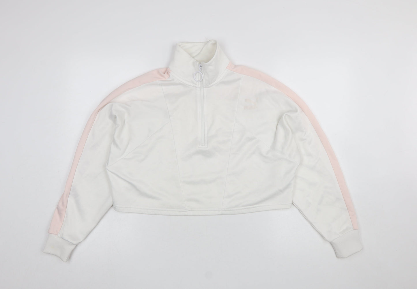 Puma Women White Pink 1/2 Zip Sweatshirt XS Tailored Sport Style