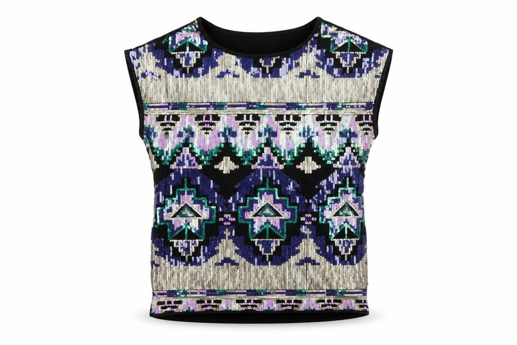 Vero Moda Womens Black Sequin Aztec Short Sleeve Top XS