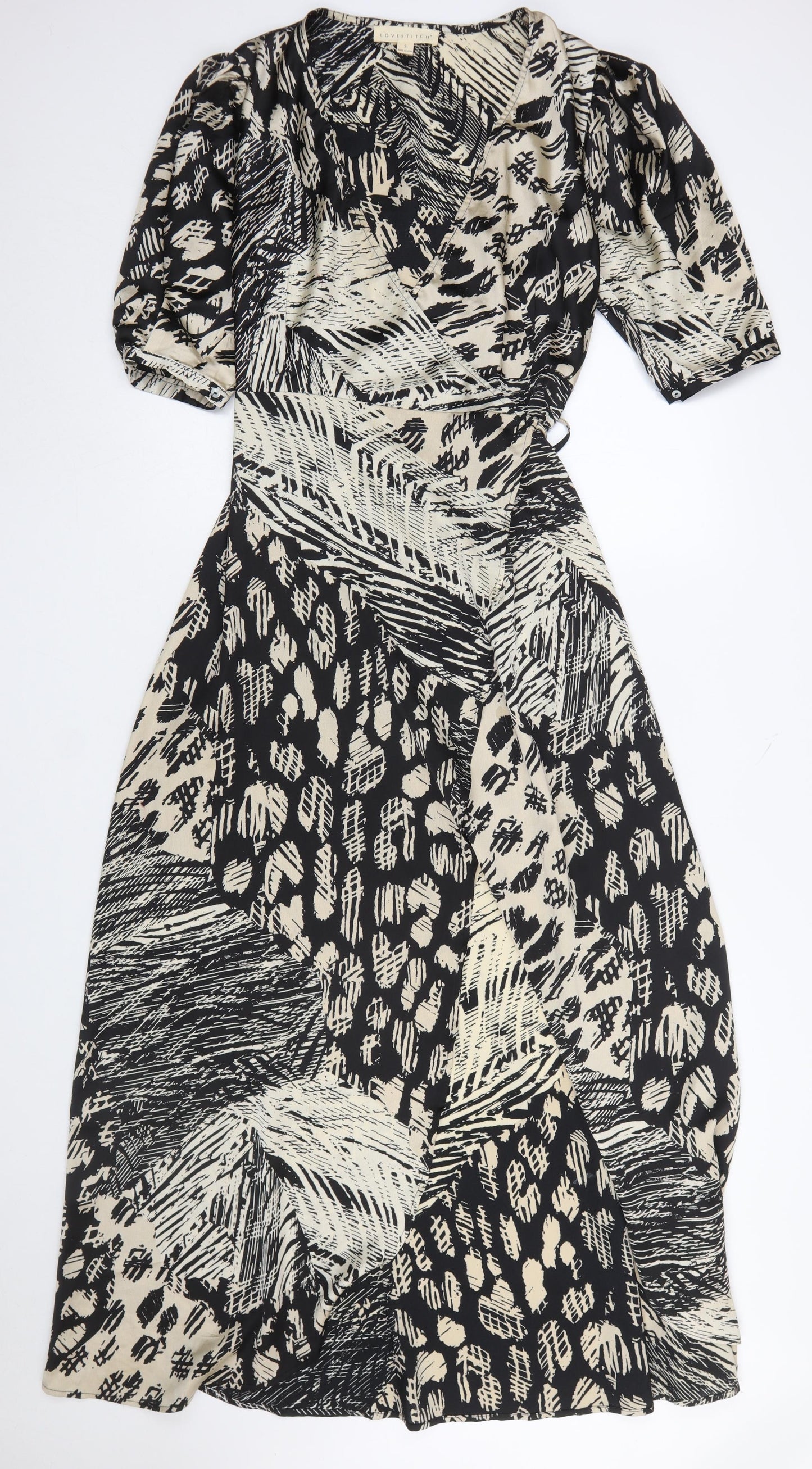 Lovestitch Women's Black Midi Wrap Dress Size S Boho Animal Print