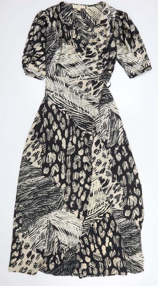 Lovestitch Women's Black Midi Wrap Dress Size S Boho Animal Print