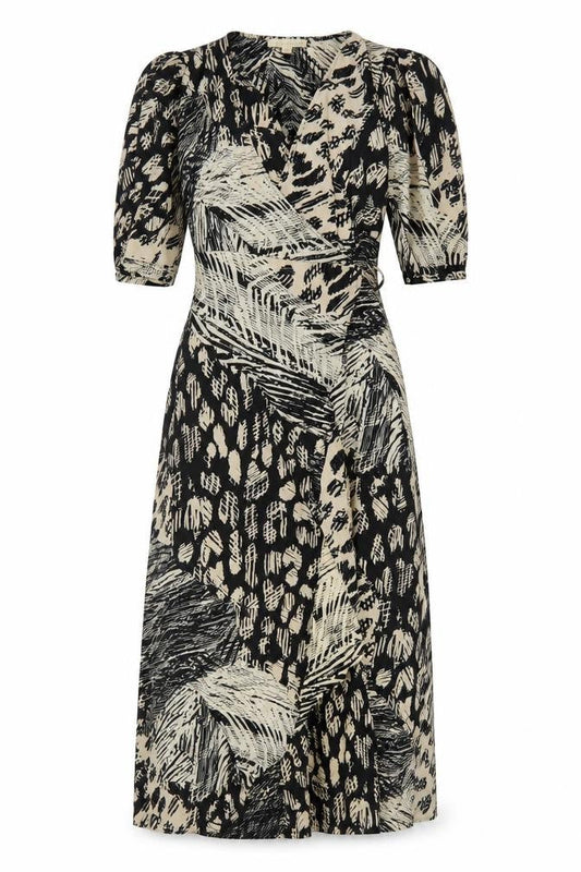 Lovestitch Women's Black Midi Wrap Dress Size S Boho Animal Print