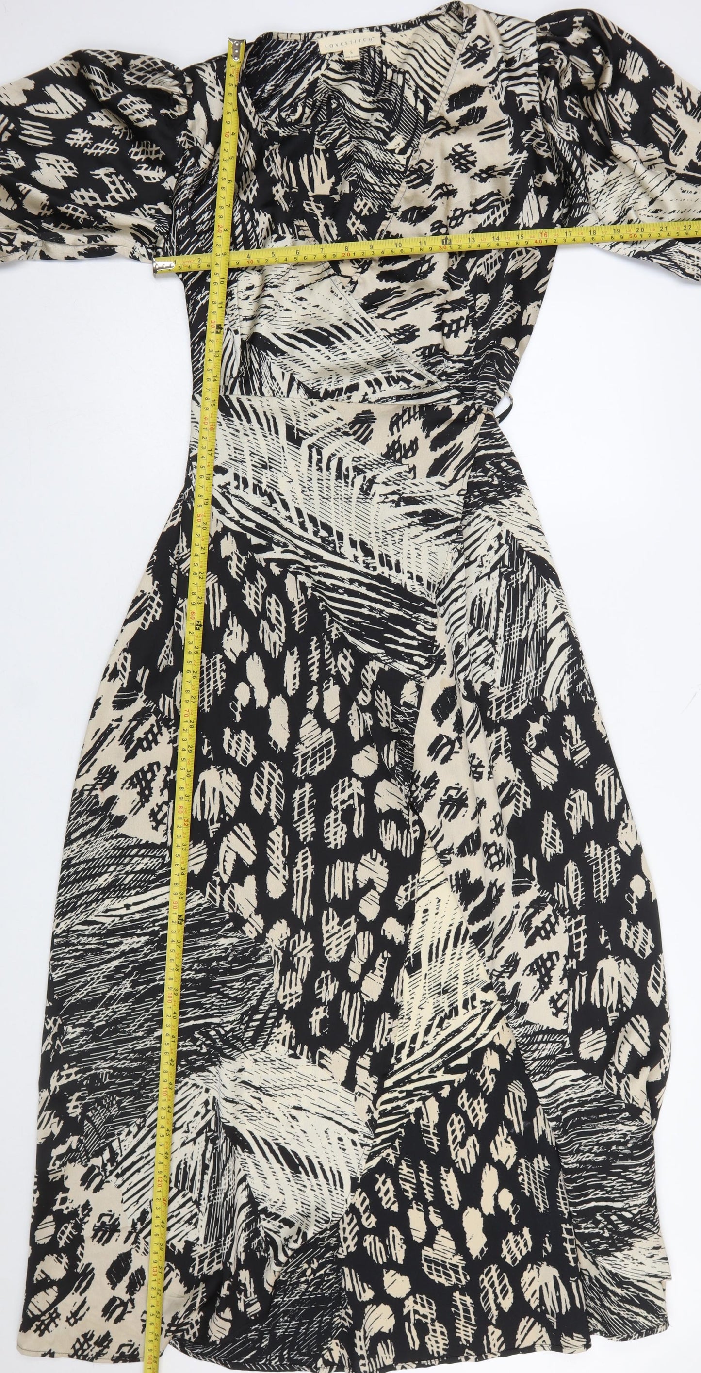 Lovestitch Women's Black Midi Wrap Dress Size S Boho Animal Print