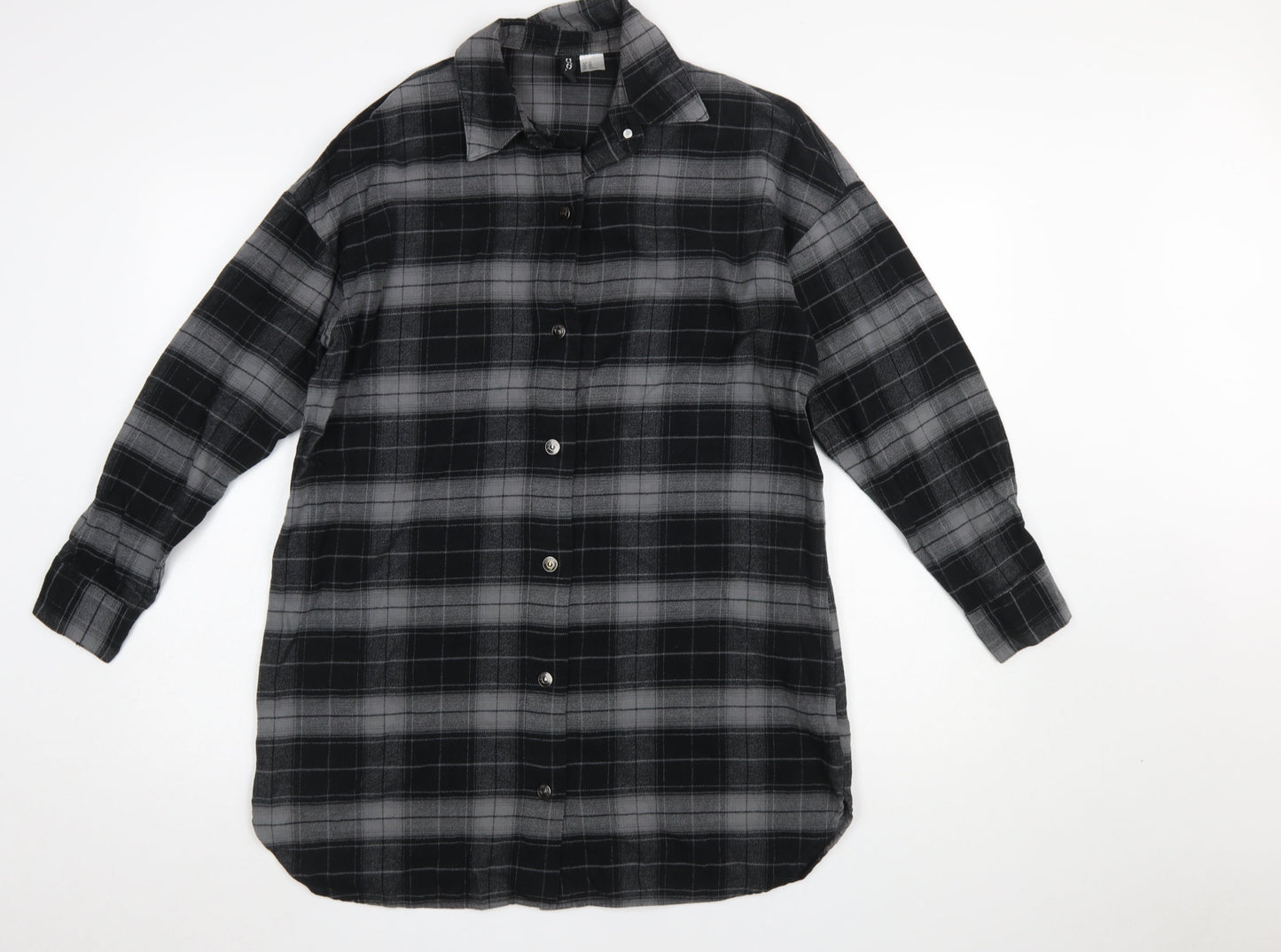 H&M Women Black Check Shirt Dress XS Flannel Cotton Long Sleeve Collared