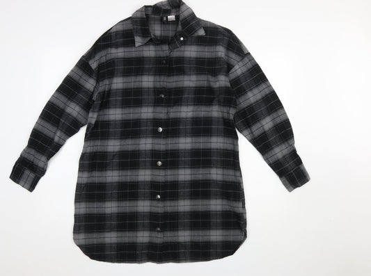 H&M Women Black Check Shirt Dress XS Flannel Cotton Long Sleeve Collared