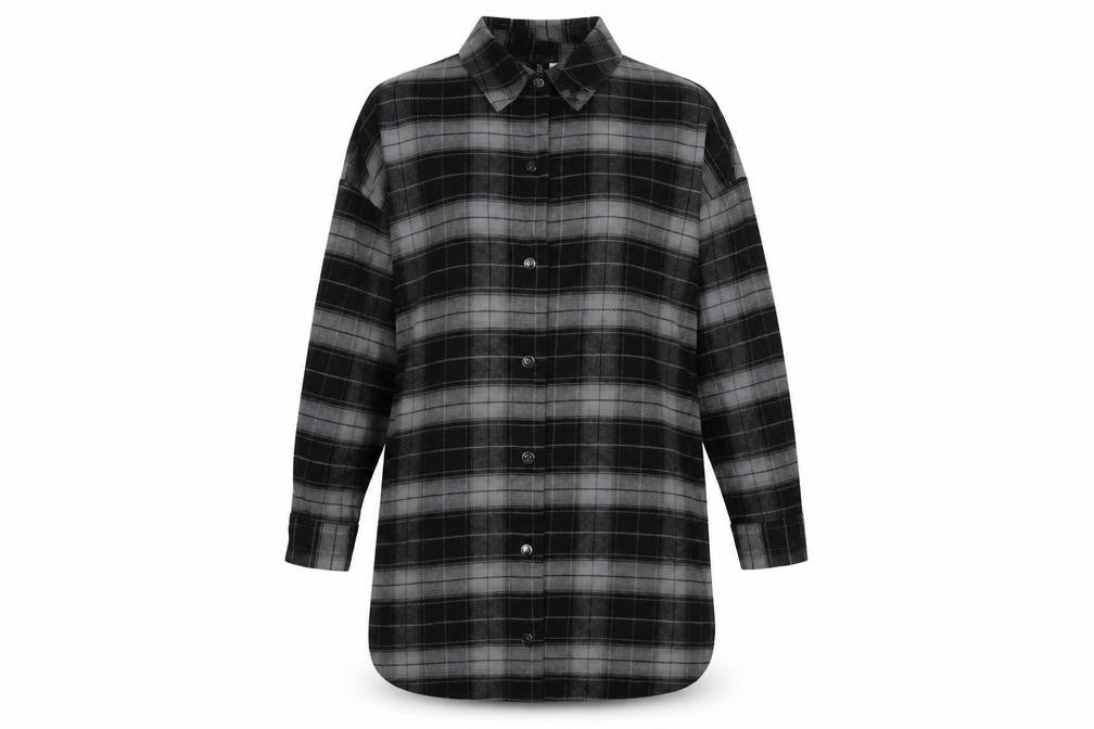 H&M Women Black Check Shirt Dress XS Flannel Cotton Long Sleeve Collared