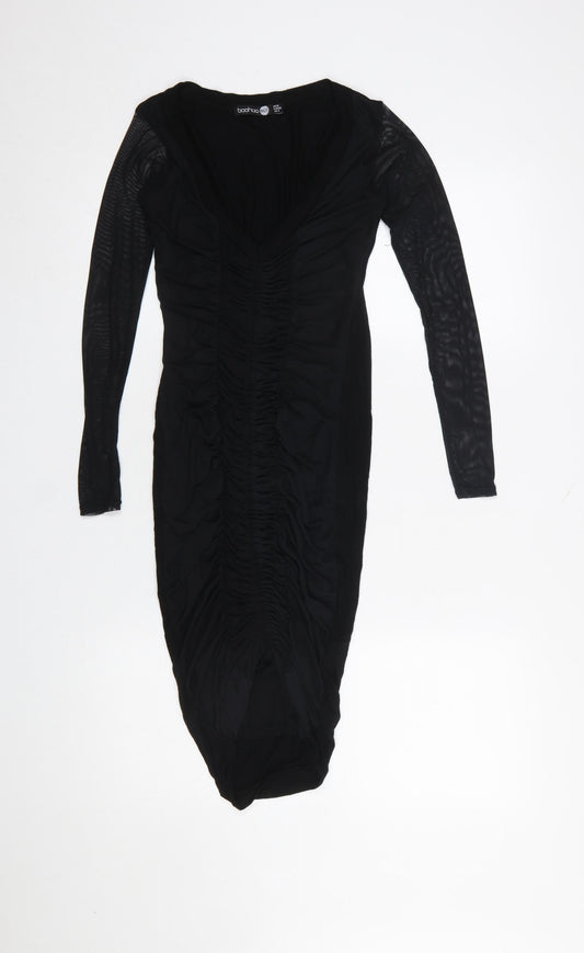 Boohoo Women’s Black Ruched Bodycon Midi Dress Size 8 Party