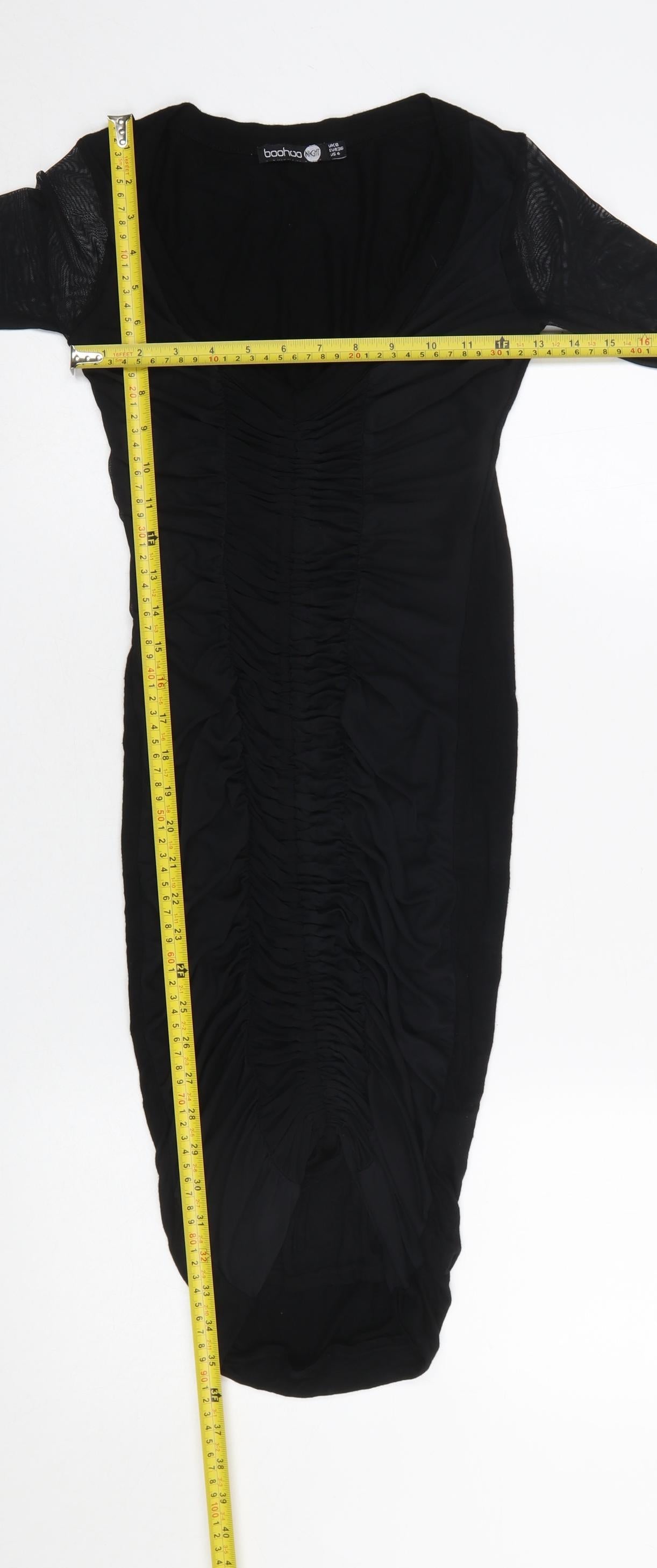 Boohoo Women’s Black Ruched Bodycon Midi Dress Size 8 Party