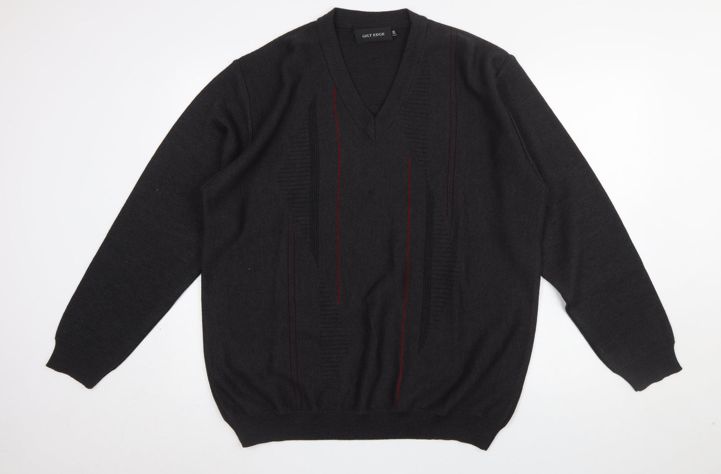 Gilt Edge Men's Black 2XL V-Neck Geometric Wool Blend Jumper