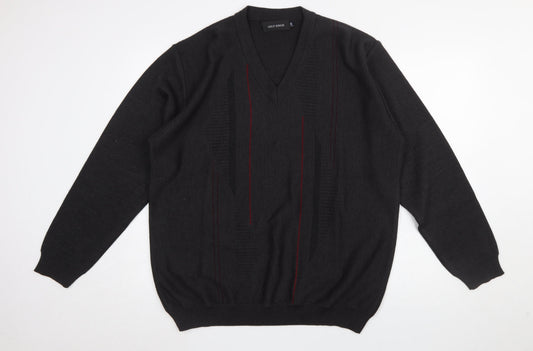 Gilt Edge Men's Black 2XL V-Neck Geometric Wool Blend Jumper