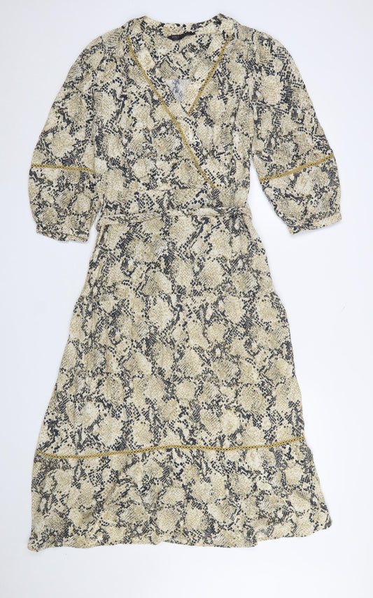 Marks and Spencer Women’s Beige Animal Print Midi Wrap Dress Size 8
