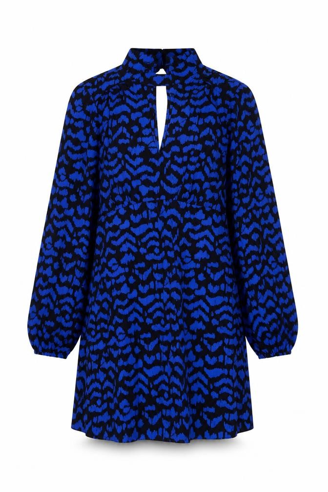 New Look Women’s Blue Animal Print High Neck Long Sleeve Short Dress Size 10