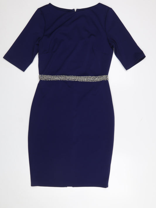Paper Dolls Women's Blue Knee Length Bodycon Dress UK 12 Beaded Waist