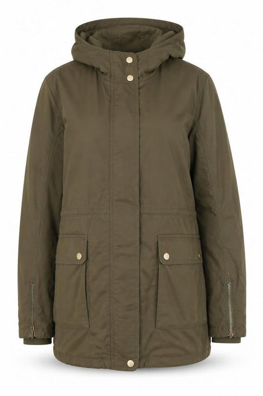 Mango Women’s Green Parka Coat Size 8 Hooded Drawstring Mid-Length
