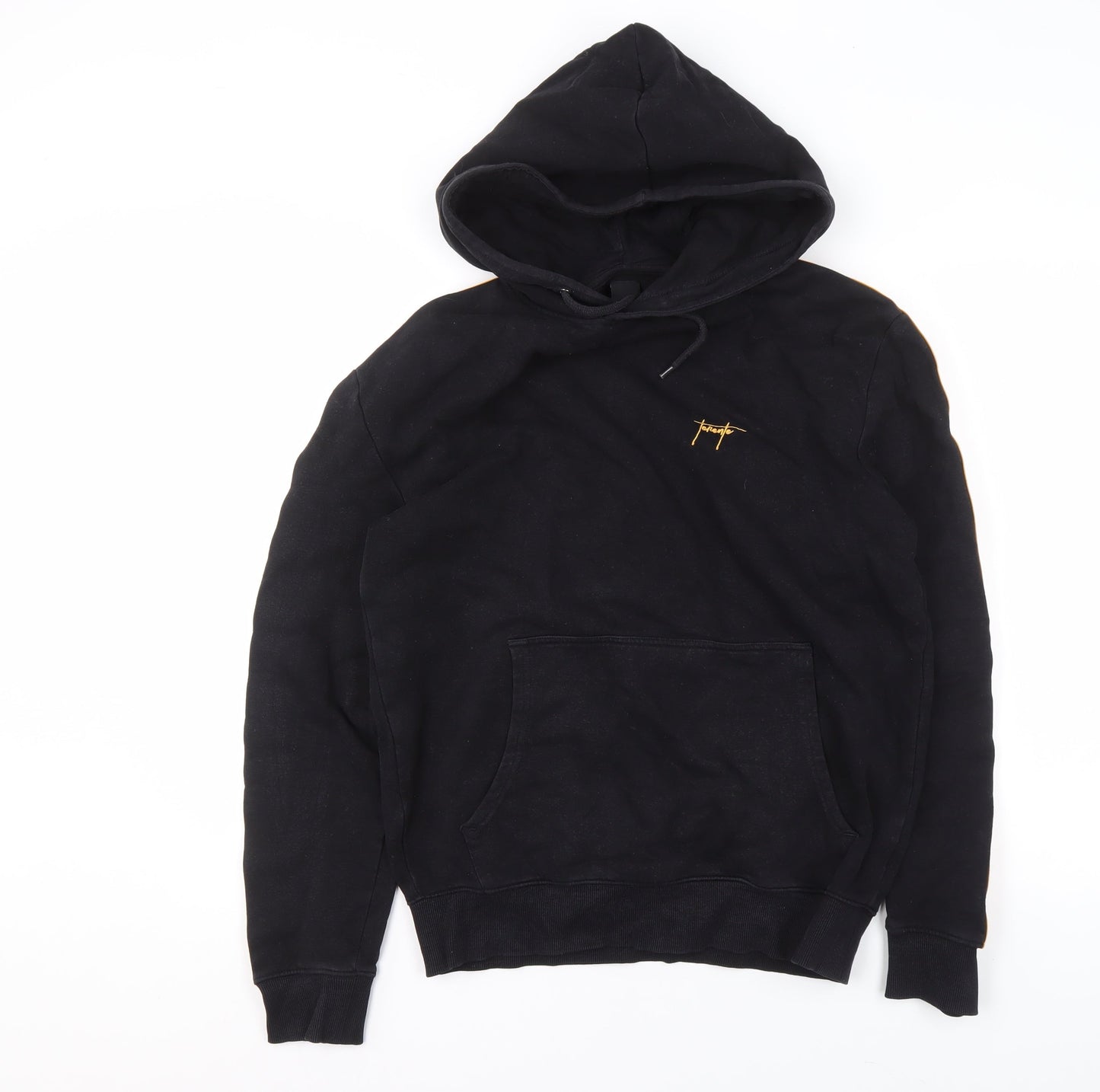New Look Men's Black Small Pullover Hoodie with Yellow Stripes and Logo