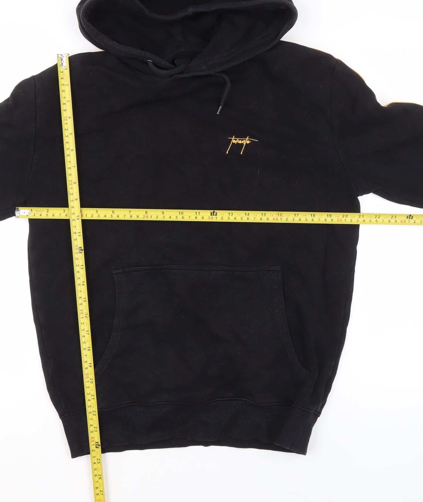New Look Men's Black Small Pullover Hoodie with Yellow Stripes and Logo