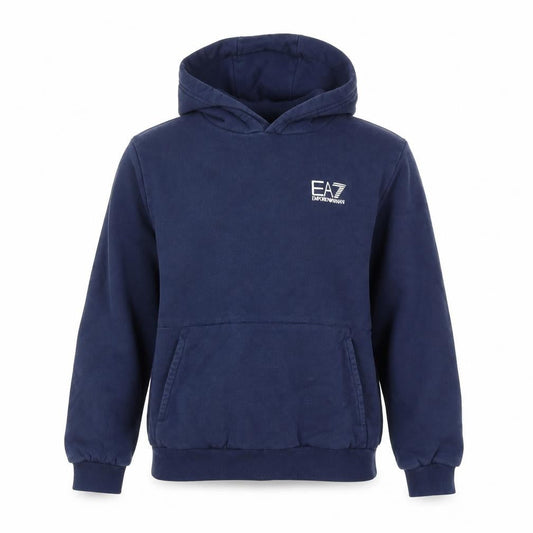 Front view of Emporio Armani EA7 boys’ navy blue pullover hoodie, size 14, years cotton blend