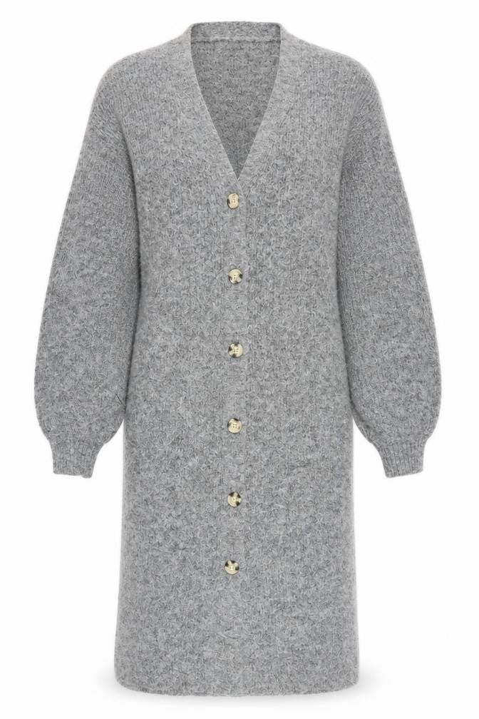 NA-KD Women Grey Long Knit Cardigan Size S V-Neck Button Front