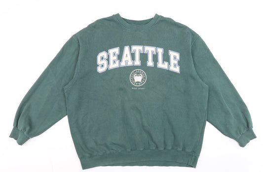 Pull & Bear Women Green Seattle Graphic Crew Neck Sweatshirt L