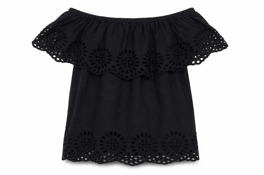 VILA Women's Black Off Shoulder Embroidered Cotton Tunic Blouse Size S