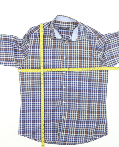 Back view of Dunnes Men's Blue Check Long Sleeve Cotton Button-Up Shirt M