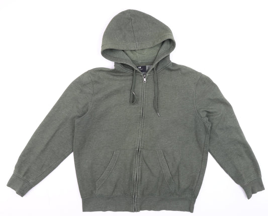 H&M Men’s Green Full Zip Fleece Hoodie Regular Fit Size M