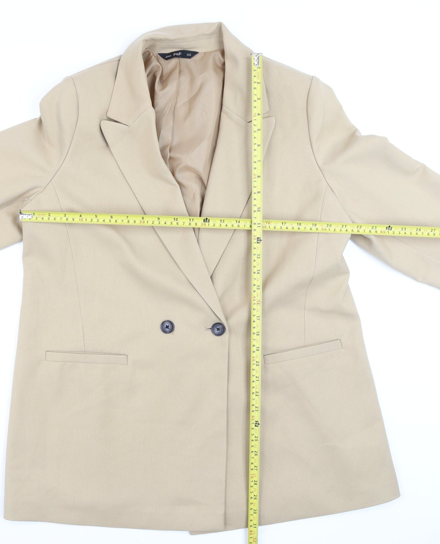 F&F Women Beige Double-Breasted Blazer UK 16 Classic Fit