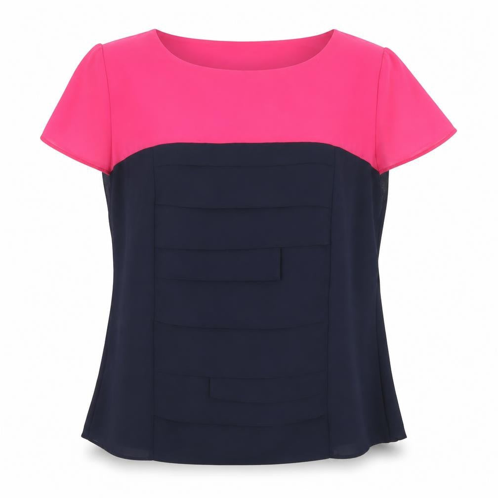 Marks & Spencer Per Una Pink and Navy Colourblock Short Sleeve Tunic Blouse Size 14