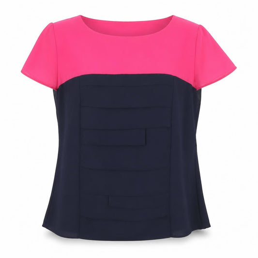Front view of Marks & Spencer Per Una Pink and Navy Colourblock Short Sleeve Tunic Blouse, size 14